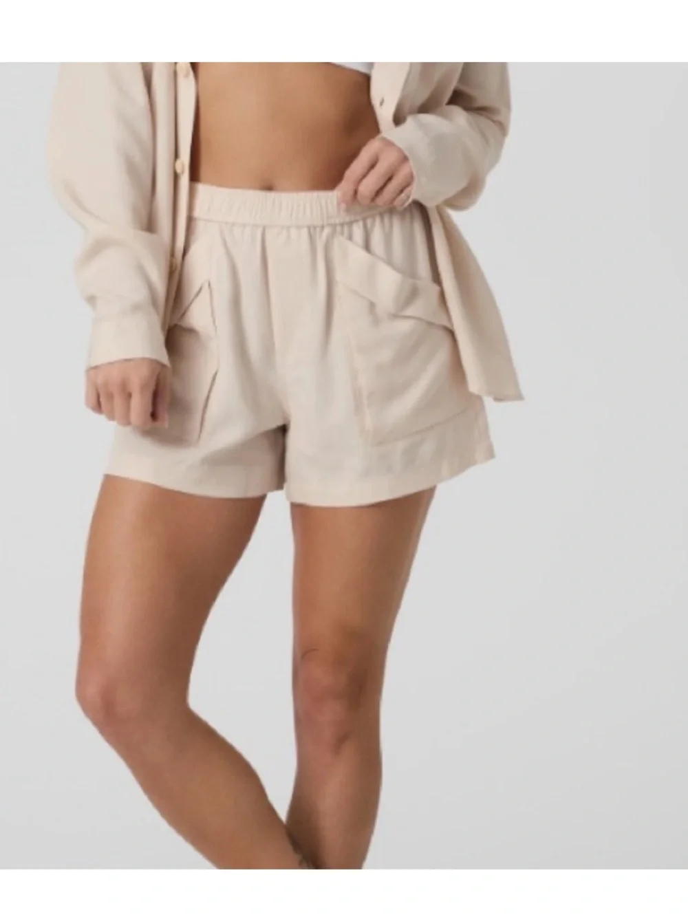 Vuori Shorts Womens S Trestles Twill Pull On Lyocell Linen Sand Dollar Pockets
